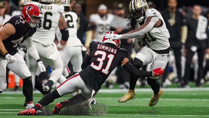 Atlanta Falcons safety Justin Simmons (31) and linebacker Troy Andersen (44) did not participate in Wednesday's practice.