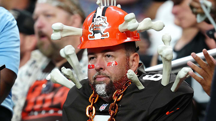 Sep 29, 2024; Paradise, Nevada, USA; A Cleveland Browns fan reacts to a play between the Browns and the Las Vegas Raiders during the second quarter at Allegiant Stadium. Mandatory Credit: Stephen R. Sylvanie-Imagn Images