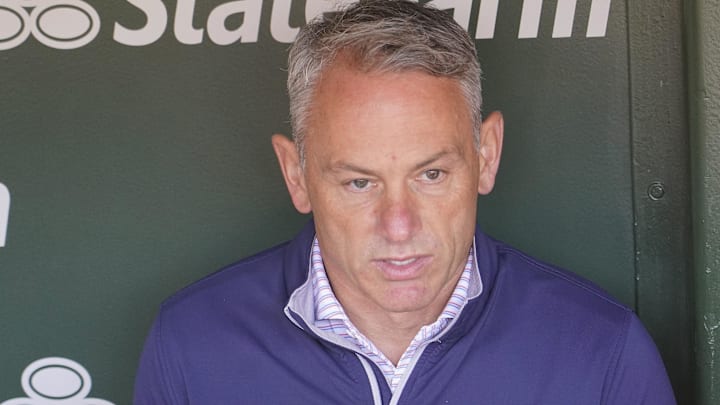 Apr 19, 2024; Chicago, Illinois, USA; Jed Hoyer
President of the Chicago Cubs talks to the media before a game between the Chicago Cubs and the Miami Marlins at Wrigley Field. Mandatory Credit: David Banks-Imagn Images