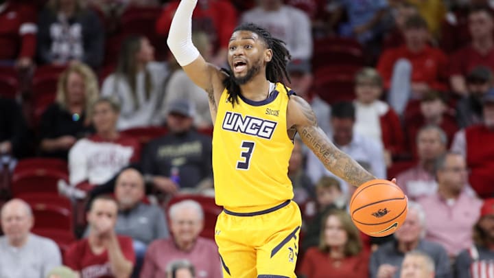 Nov 17, 2023; Fayetteville, Arkansas, USA; UNC Greensboro Spartans guard Kobe Langley (3) during a game against Arkansas. 