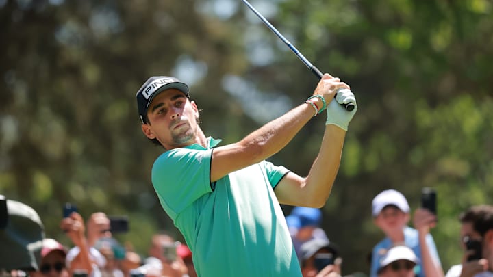 Joaquín Niemann tees off during the third round of LIV Golf Mexico City