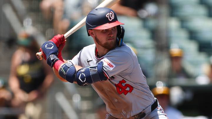 Jul 19, 2026; West Sacramento, California, USA; Washington Nationals third baseman Curtis Mead (45) bats during the third inning against the Athletics at Sutter Health Park. Mandatory Credit: Scott Marshall-Imagn Images