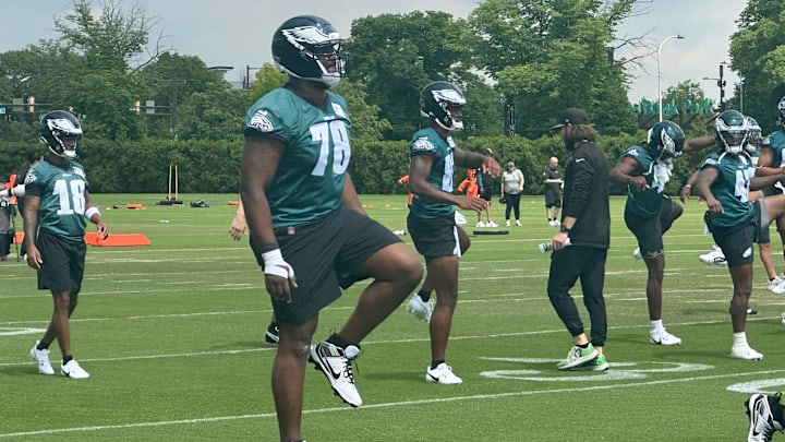 Eagles sixth-round pick Myles Hinton warms up before the start of the team's rookie minicamp. Eagles sixth-round pick Myles Hinton warms up before the start of the team's rookie minicamp.
