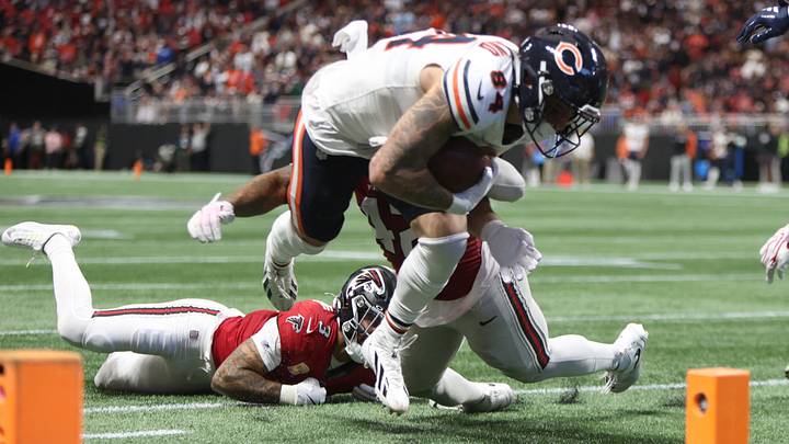 Colston Loveland leans toward the goal line in Sunday's Bears win but comes up short of the end zone. Colston Loveland leans toward the goal line in Sunday's Bears win but comes up short of the end zone.