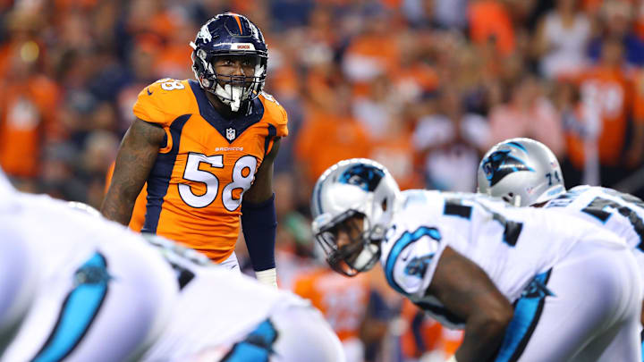 Sep 8, 2016; Denver, CO, USA; Denver Broncos linebacker Von Miller (58) against the Carolina Panthers at Sports Authority Field at Mile High. The Broncos defeated the Panthers 21-20. Mandatory Credit: Mark J. Rebilas-Imagn Images