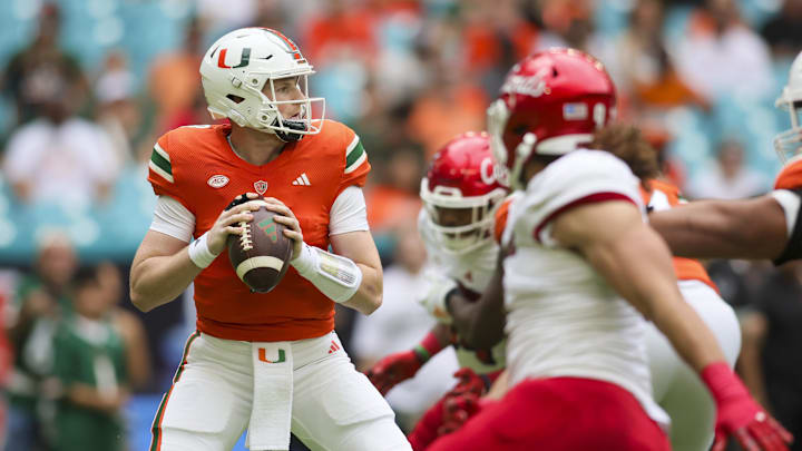 Nov 18, 2023; Miami Gardens, Florida, USA; Miami Hurricanes quarterback Tyler Van Dyke (9)
