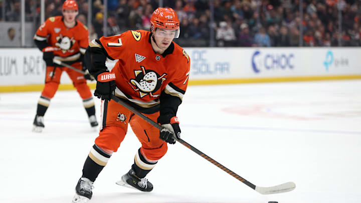 Dec 29, 2024; Anaheim, California, USA;  Anaheim Ducks right wing Frank Vatrano (77) skates with the puck during the first period against the Edmonton Oilers at Honda Center. Mandatory Credit: Kiyoshi Mio-Imagn Images