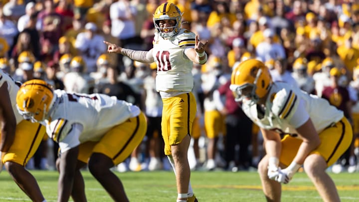 Oct 18, 2025; Tempe, Arizona, USA; Arizona State Sun Devils quarterback Sam Leavitt (10) against the Texas Tech Red Raiders at Mountain America Stadium. Mandatory Credit: Mark J. Rebilas-Imagn Images Oct 18, 2025; Tempe, Arizona, USA; Arizona State Sun Devils quarterback Sam Leavitt (10) against the Texas Tech Red Raiders at Mountain America Stadium. Mandatory Credit: Mark J. Rebilas-Imagn Images
