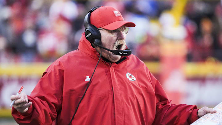 Dec 14, 2025; Kansas City, Missouri, USA; Kansas City Chiefs head coach Andy Reid reacts to a play against the Los Angeles Chargers during the third quarter at GEHA Field at Arrowhead Stadium. Mandatory Credit: Denny Medley-Imagn Images