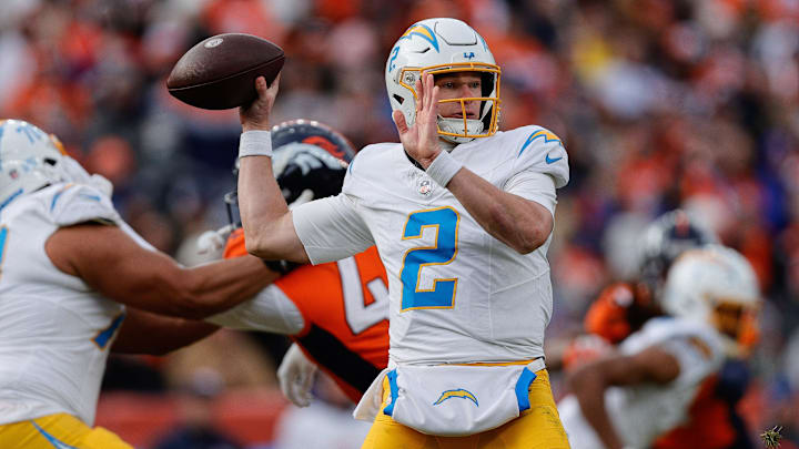 Dec 31, 2023; Denver, Colorado, USA; Los Angeles Chargers quarterback Easton Stick (2) attempts a
