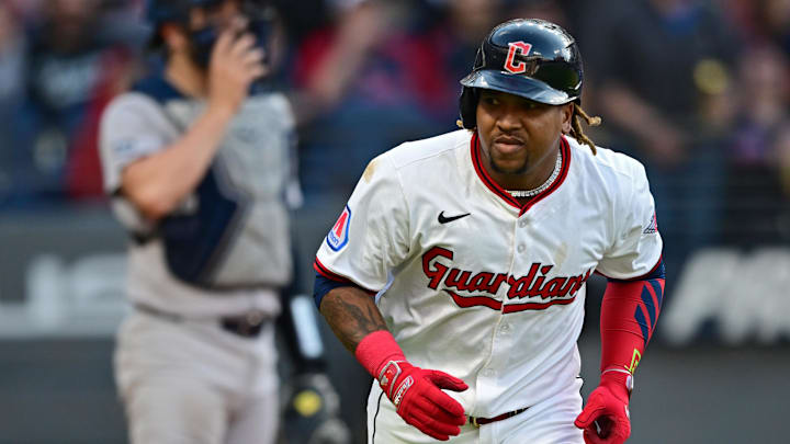 Apr 21, 2025; Cleveland, Ohio, USA; Cleveland Guardians third baseman Jose Ramirez (11) stares into the New York Yankees dugout after hitting a three run home run off New York Yankees starting pitcher Clarke Schmidt (36) during the third inning at Progressive Field. Mandatory Credit: David Dermer-Imagn Images Apr 21, 2025; Cleveland, Ohio, USA; Cleveland Guardians third baseman Jose Ramirez (11) stares into the New York Yankees dugout after hitting a three run home run off New York Yankees starting pitcher Clarke Schmidt (36) during the third inning at Progressive Field. Mandatory Credit: David Dermer-Imagn Images