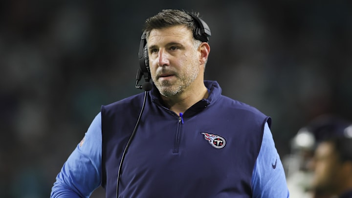 Dec 11, 2023; Miami Gardens, Florida, USA; Tennessee Titans head coach Mike Vrabel looks on against the Miami Dolphins during the fourth quarter at Hard Rock Stadium. Mandatory Credit: Sam Navarro-Imagn Images