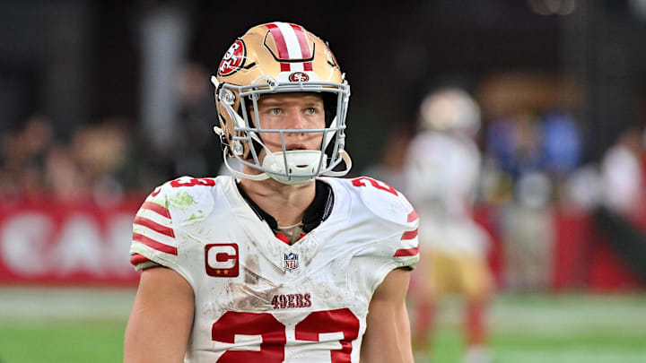 San Francisco 49ers running back Christian McCaffrey (23) looks on in the second half against the Arizona Cardinals at State Farm Stadium. San Francisco 49ers running back Christian McCaffrey (23) looks on in the second half against the Arizona Cardinals at State Farm Stadium.