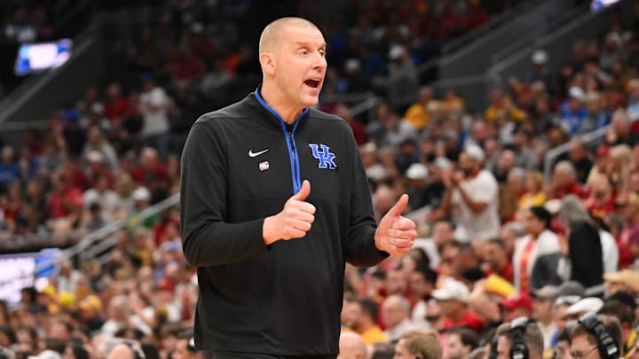 Mar 22, 2026; St. Louis, MO, USA; Kentucky Wildcats head coach Mark Pope reacts to a play during the first half against the Iowa State Cyclones during a second round game of the men's 2026 NCAA Tournament at Enterprise Center. Mandatory Credit: Jeff Curry-Imagn Images Mar 22, 2026; St. Louis, MO, USA; Kentucky Wildcats head coach Mark Pope reacts to a play during the first half against the Iowa State Cyclones during a second round game of the men's 2026 NCAA Tournament at Enterprise Center. Mandatory Credit: Jeff Curry-Imagn Images