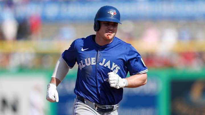 Mar 8, 2025: Toronto Blue Jays designated hitter Alan Roden (83) runs the bases after hitting a home run against the Philadelphia Phillies in the sixth inning during spring training at BayCare Ballpark. 