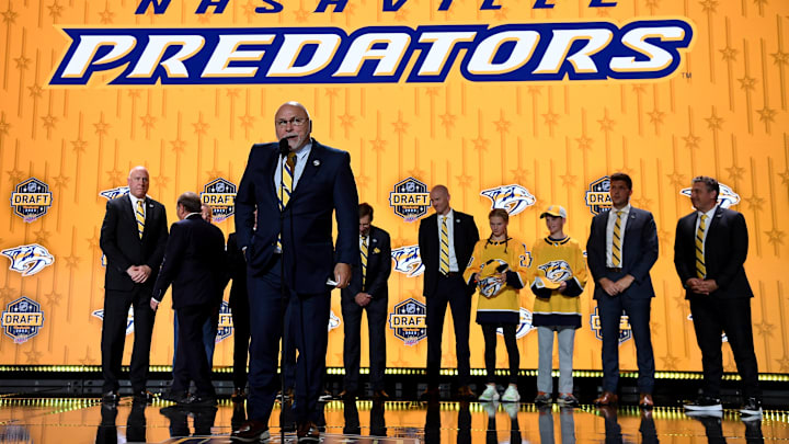 Jun 28, 2023; Nashville, Tennessee, USA; Nashville Predators incoming general manager Barry Trotz during round one of the 2023 NHL Draft at Bridgestone Arena. Mandatory Credit: Christopher Hanewinckel-Imagn Images