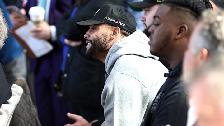 Dallas Cowboys quarterback Dak Prescott listens to head coach Brian Schottenheimer at a press conference at the Star. Dallas Cowboys quarterback Dak Prescott listens to head coach Brian Schottenheimer at a press conference at the Star.