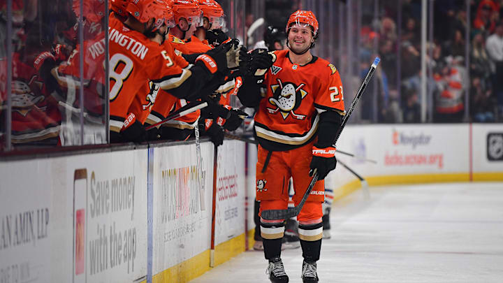 Apr 7, 2025; Anaheim, California, USA; Anaheim Ducks center Mason McTavish (23) celebrates his goal scored against the Edmonton Oilers during the third period at Honda Center. Mandatory Credit: Gary A. Vasquez-Imagn Images