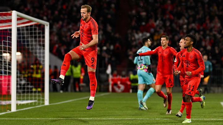 Harry Kane celebrating with teammates after scoring for Bayern Munich against Augsburg on Friday.