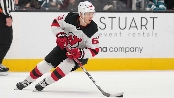 New Jersey Devils left wing Jesper Bratt  Mandatory Credit: Darren Yamashita-Imagn Images