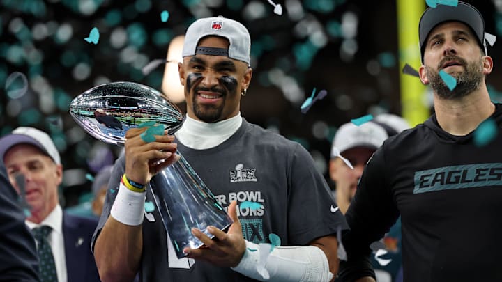 Feb 9, 2025; New Orleans, LA, USA; Philadelphia Eagles quarterback Jalen Hurts (1) celebrates with head coach Nick Sirianni after winning against Kansas City Chiefs in Super Bowl LIX at Caesars Superdome. Mandatory Credit: Geoff Burke-Imagn Images
