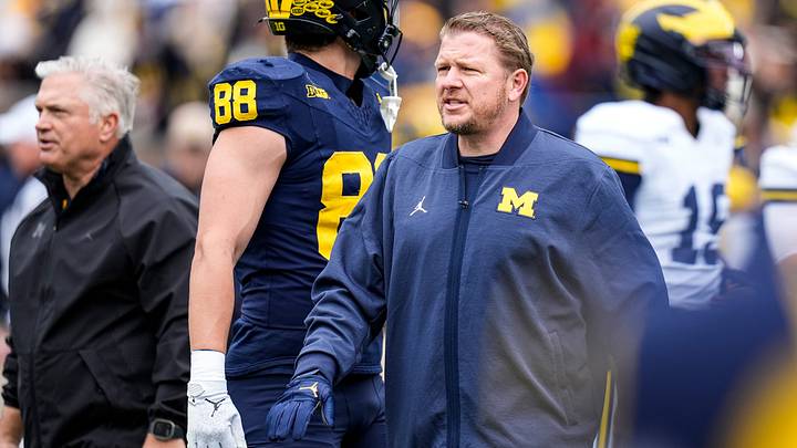 Michigan offensive coordinator Jason Beck looks on before the spring game at Michigan Stadium in Ann Arbor on Saturday, April 18, 2026.