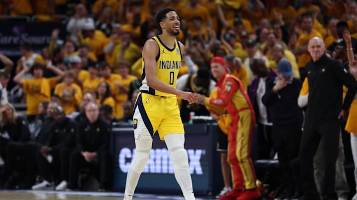 May 25, 2025; Indianapolis, Indiana, USA; Indiana Pacers guard Tyrese Haliburton (0) walks downcourt during the third quarter against the New York Knicks during game three of the Eastern Conference Finals for the 2025 NBA Playoffs at Gainbridge Fieldhouse. Mandatory Credit: Trevor Ruszkowski-Imagn Images