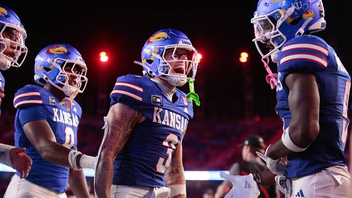 Kansas Jayhawks wide receiver Keaton Kubecka (3) celebrates a touchdown by Kansas Jayhawks wide receiver Nik McMillan (5) during the game against LIU Sharks inside David Booth Kansas Memorial Stadium on Sept. 4, 2026.