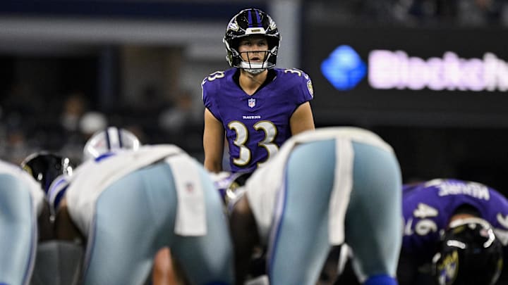 Aug 16, 2025; Arlington, Texas, USA; Baltimore Ravens place kicker Tyler Loop (33) lines up to kick a field goal against the Dallas Cowboys during the second quarter at AT&T Stadium. Mandatory Credit: Jerome Miron-Imagn Images Aug 16, 2025; Arlington, Texas, USA; Baltimore Ravens place kicker Tyler Loop (33) lines up to kick a field goal against the Dallas Cowboys during the second quarter at AT&T Stadium. Mandatory Credit: Jerome Miron-Imagn Images