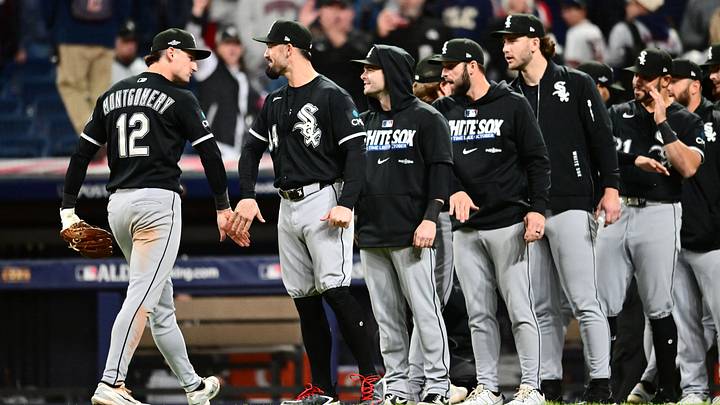 Oct 5, 2026; Cleveland, Ohio, USA;  Chicago White Sox shortstop Colson Montgomery (12) high-fives teammates after defeating the Cleveland Guardians in game two of the ALDS for the 2026 MLB Playoffs at Progressive Field.  Mandatory Credit: Ken Blaze-Imagn Images