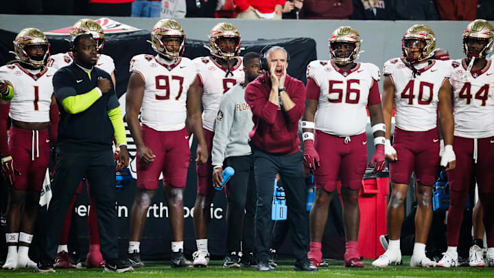 Nov 21, 2025; Raleigh, North Carolina, USA; Florida State Seminoles head coach Mike Norvell reacts during the first half of the game against NC State Wolfpack at Carter-Finley Stadium. Mandatory Credit: Jaylynn Nash-Imagn Images