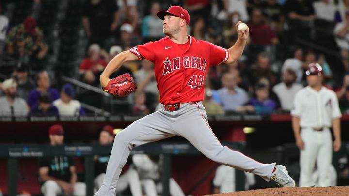 Jun 16, 2026; Phoenix, Arizona, USA;  Los Angeles Angels pitcher Reid Detmers (48) throws in the seventh inning against the Arizona Diamondbacks at Chase Field. Mandatory Credit: Matt Kartozian-Imagn Images