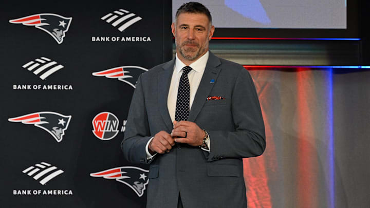 Mike Vrabel listens as New England Patriots owner Robert Kraft (not photographed) introduces him to the media as the new head coach of the New England Patriots at Gillette Stadium.