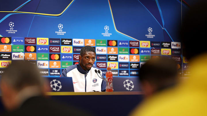 Ousmane Dembélé during PSG's press conference ahead of their Champions League game against Man City.