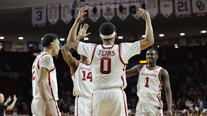 Mar 5, 2025; Norman, Oklahoma, USA; Oklahoma Sooners guard Jeremiah Fears (0) gestures after scoring against the Missouri Tigers during the second half at Lloyd Noble Center. Mandatory Credit: Alonzo Adams-Imagn Images
