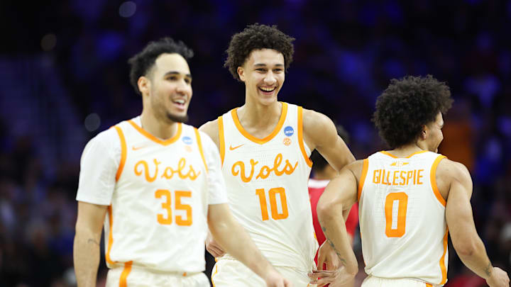 Mar 20, 2026; Philadelphia, PA, USA; Tennessee Volunteers forward Nate Ament (10) celebrates after a play during the first half against the Miami (OH) RedHawks during a first round game of the men's 2026 NCAA Tournament at Xfinity Mobile Arena. Mandatory Credit: Bill Streicher-Imagn Images
