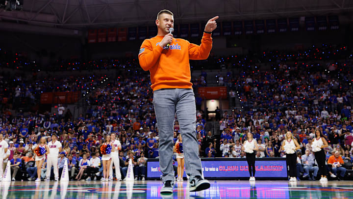 Jan 24, 2026; Gainesville, Florida, USA; Florida Gators Football head coach Jon Sumrall addresses the crowd during a timeout against the Auburn Tigers during the first half at Exactech Arena at the Stephen C. O'Connell Center. Mandatory Credit: Matt Pendleton-Imagn Images