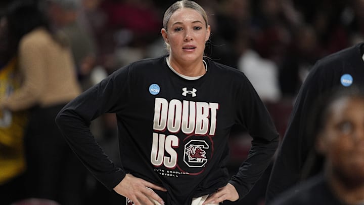 Mar 21, 2025; Columbia, South Carolina, USA; South Carolina Gamecocks forward Chloe Kitts (21) during warm ups against the Tennessee Tech Golden Eagles at Colonial Life Arena. Mandatory Credit: Jim Dedmon-Imagn Images