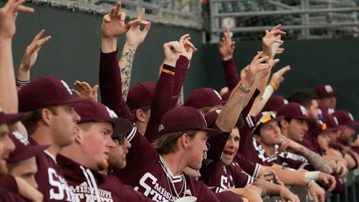 Mississippi State players celebrate a hit by a teammate at Sewell-Thomas Stadium in Tuscaloosa Friday, April 11, 2025.