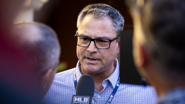 Nov 7, 2023; Scottsdale, AZ, USA; Kansas City Royals general manager J.J. Picollo speaks to the media during the MLB General Manager's Meetings at Omni Scottsdale Resort & Spa. Mandatory Credit: Mark J. Rebilas-Imagn Images