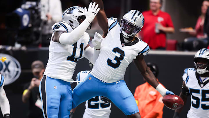 Nov 16, 2025; Atlanta, Georgia, USA; Carolina Panthers outside linebacker Princely Umanmielen (3) reacts after a fumble recovery on a kick in the third quarter against the Atlanta Falcons at Mercedes-Benz Stadium. Mandatory Credit: Brett Davis-Imagn Images