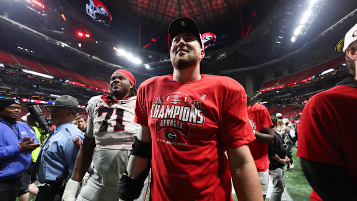 Dec 6, 2025; Atlanta, GA, USA; Georgia Bulldogs offensive lineman Monroe Freeling (57) celebrates after the game against the Alabama Crimson Tide during the 2025 SEC Championship game at Mercedes-Benz Stadium. Mandatory Credit: Brett Davis-Imagn Images