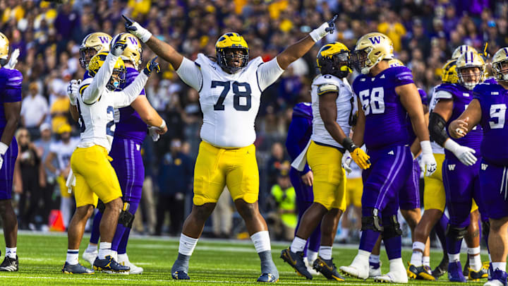 Oct 5, 2024; Seattle, Washington, USA; Michigan Wolverines defensive lineman Kenneth Grant (78) celebrates a missed field goal by the Washington Huskies, topic during the first quarter at Alaska Airlines Field at Husky Stadium. Mandatory Credit: Joe Nicholson-Imagn Images