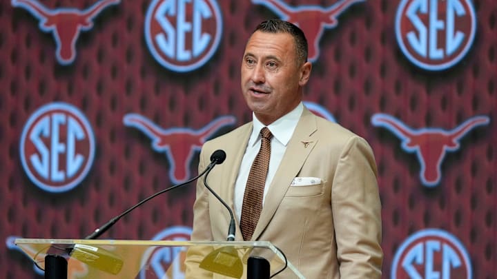 July 15, 2025; Atlanta, GA, USA; Texas head coach Steve Sarkisian speaks during SEC Media Days at the College Football Hall of Fame in Atlanta.