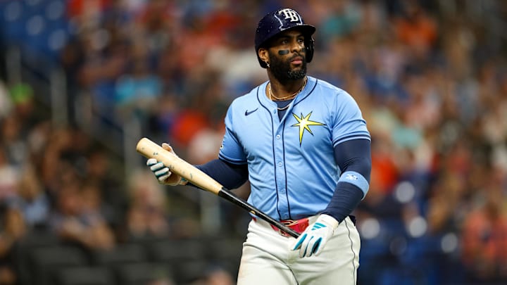 Tampa Bay Rays first baseman Yandy Diaz (2) reacts after striking out against the Houston Astros in the first inning at Tropicana Field. 