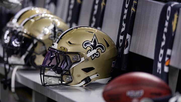 Nov 5, 2023; New Orleans, Louisiana, USA;  Detailed view of the New Orleans Saints helmets on the team bench against the Chicago Bears during the first half at the Caesars Superdome. Mandatory Credit: Stephen Lew-Imagn Images
