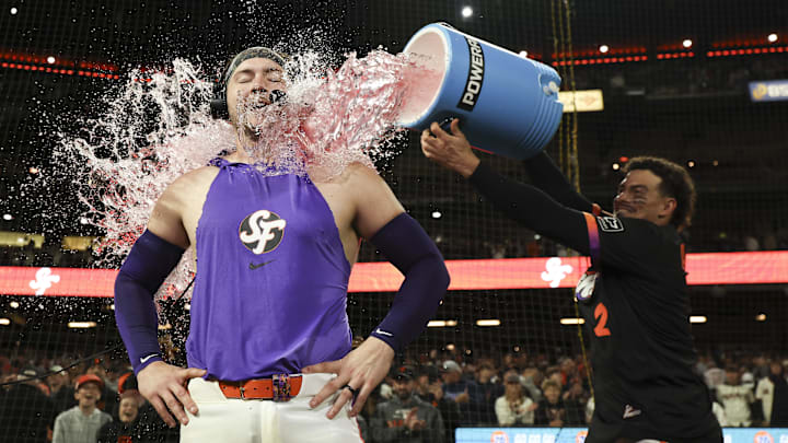 San Francisco Giants shortstop Willy Adames (2) celebrates with catcher Patrick Bailey (14)