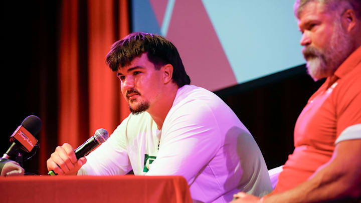 Nixa High School offensive tackle Jackson Cantwell, the No. 1 ranked high school football recruit for the class of 2026, announced he will play football at Miami during a ceremony.