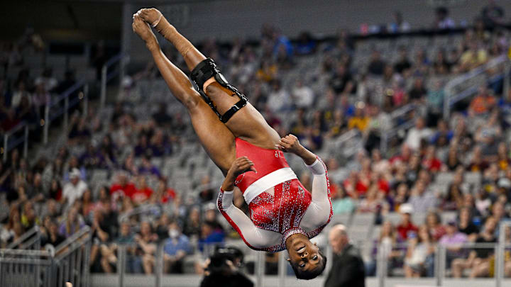 University of Arkansas Razorbacks gymnast Frankie Price performs on floor exercise during the 2024 NCAA Women's National Gymnastics Semifinals at Dickies Arena. 