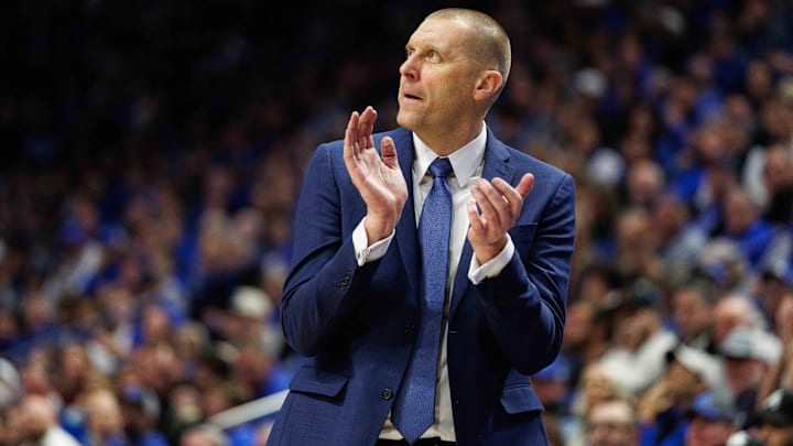Jan 14, 2025; Lexington, Kentucky, USA; Kentucky Wildcats head coach Mark Pope reacts to the action during the second half against the Texas A&M Aggies at Rupp Arena at Central Bank Center. Mandatory Credit: Jordan Prather-Imagn Images